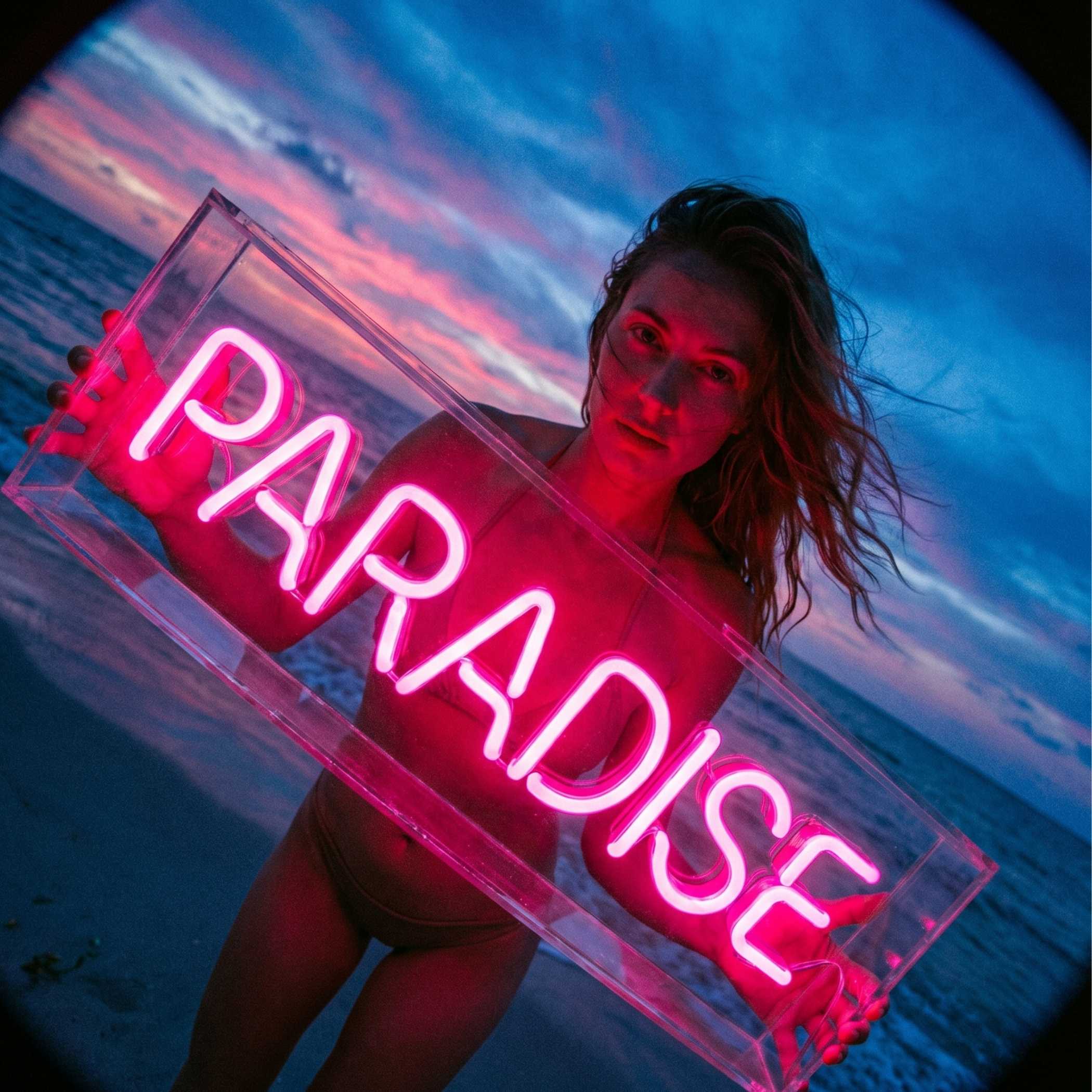 PARADISE pink LED neon acrylic box sign — limited edition light art by Vertical Design DXB